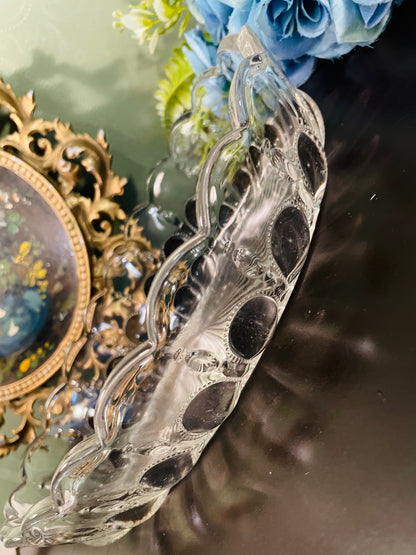 Vintage Crystal Glass Oval Serving Bowl 10 Inch Scalloped Dish