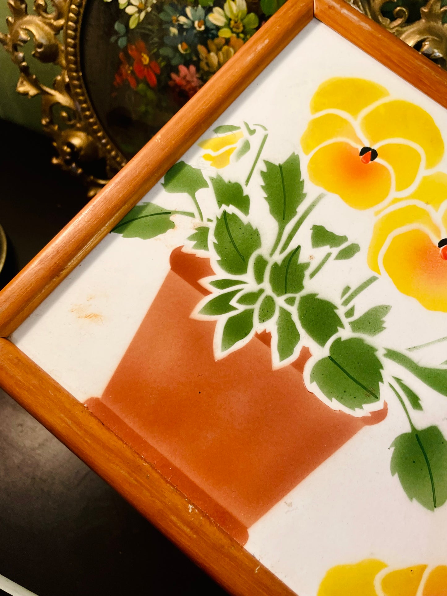 Vintage Framed Ceramic Tile Yellow Floral Wall Art 12 Inch