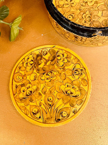 Vintage Hand Painted Wooden Coaster Set with Holder – Floral Folk Art Drinks Coasters