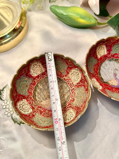 Red Peacock Brass Decorative Bowls – Set of 2, 4.5"