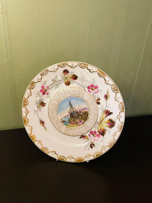 Vintage Hand Painted Ship Floral Decorative Plate 10"