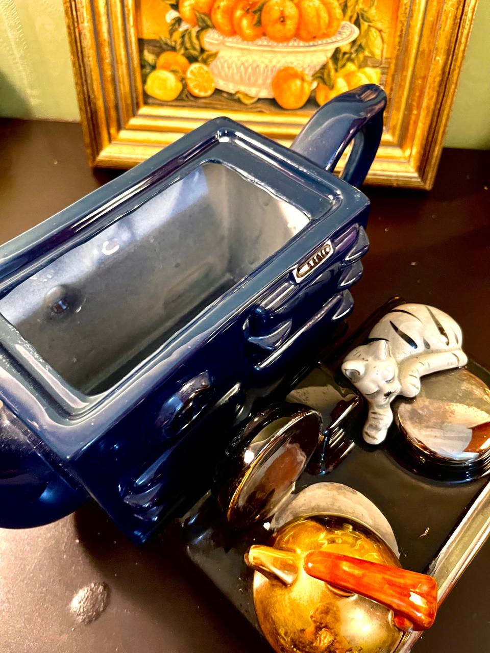 Vintage Range Cooker Ceramic Teapot – Blue Novelty Kitchen Teapot – 8 Inch