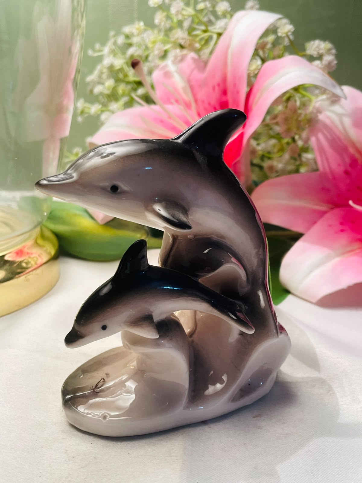 Dolphin Mother & Calf Ceramic Figurine Approx. 10 cm