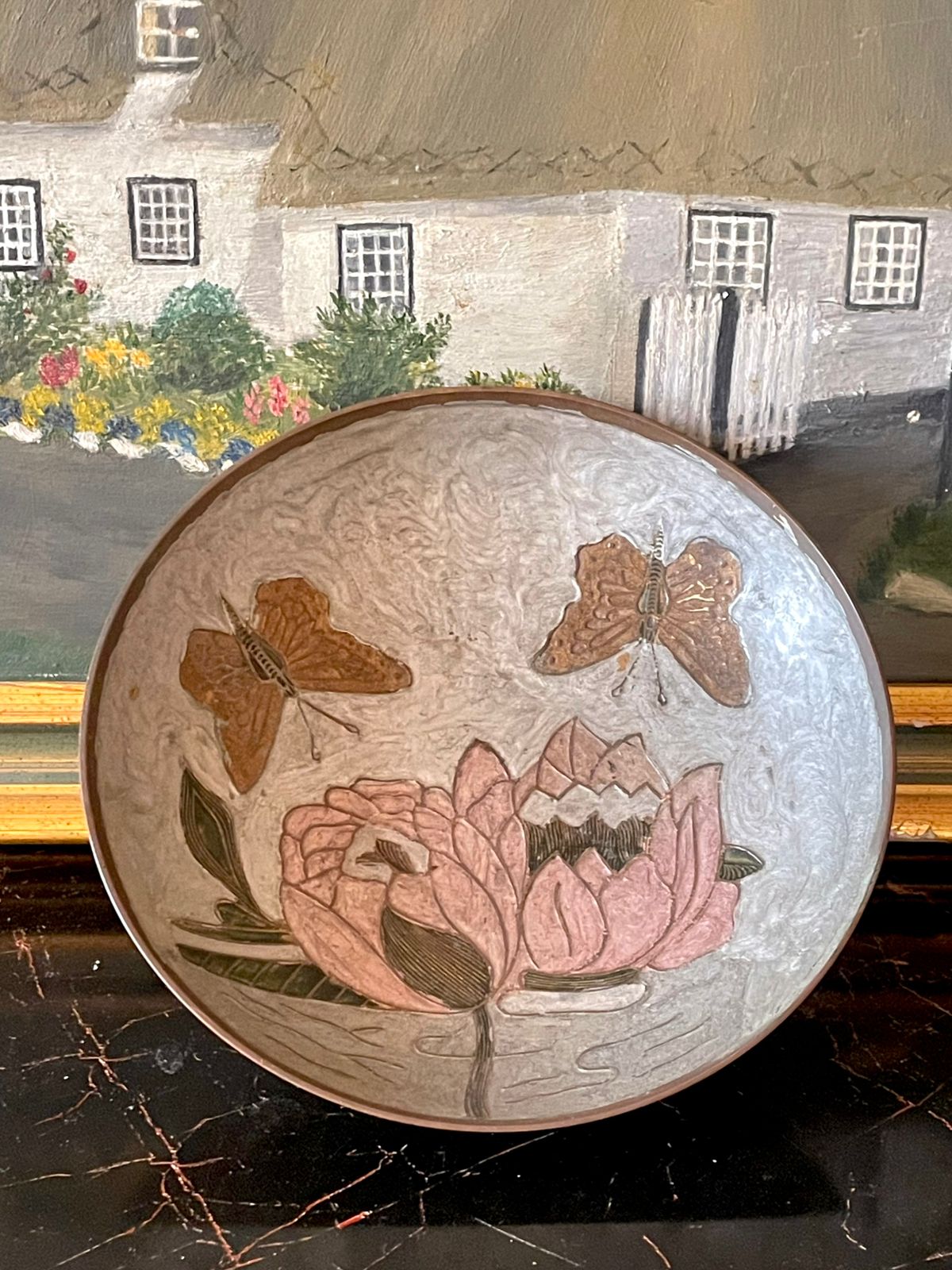 Vintage Etched Metal Pedestal Brass Bowl – Butterfly & Floral Design