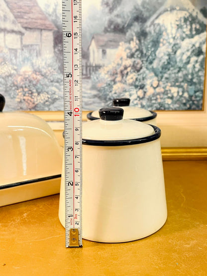 Vintage Enamel Kitchen Canister Set with Butter Dish | Cream & Black