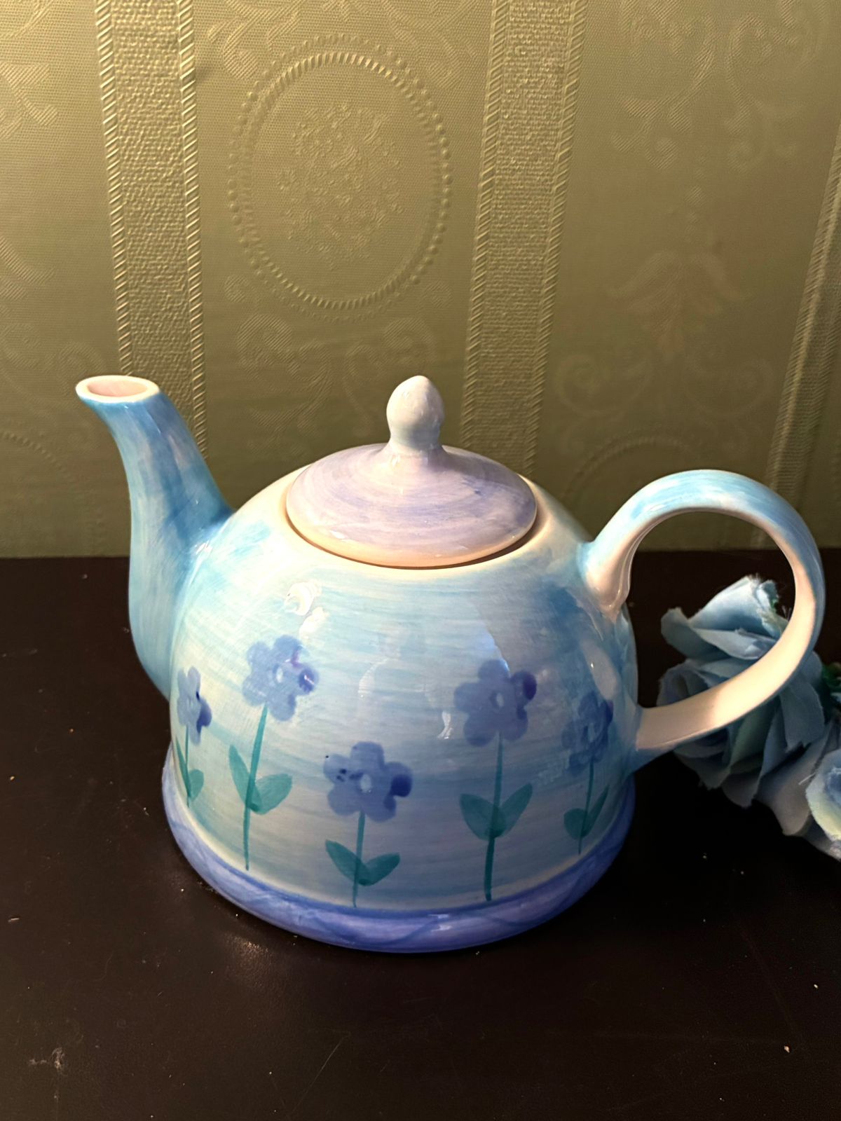 Vintage Blue Floral Teapot Ceramic Cottage Tea Pot