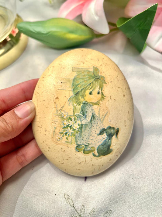 Vintage Oval Girl & Dog Decorative Plaque 4"