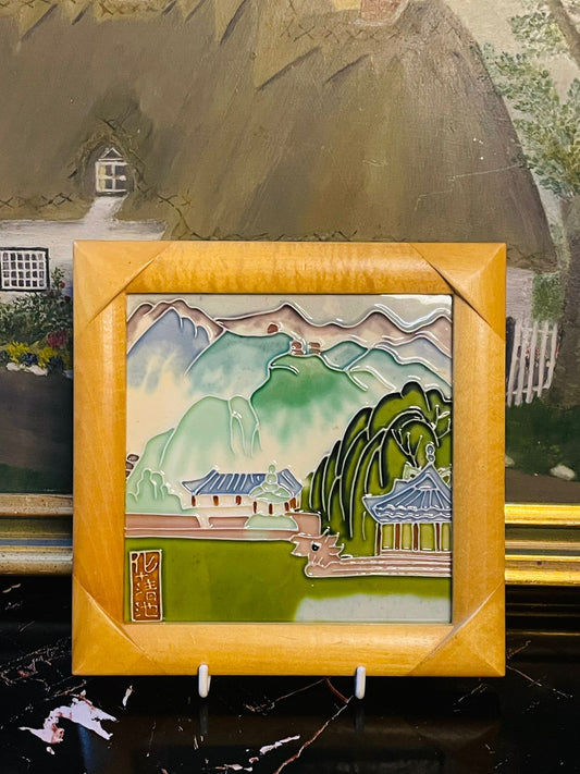 Vintage HACT Chinese Hand-Painted Porcelain Tile – Temple Frame Collectible Wall Art in Pakistan