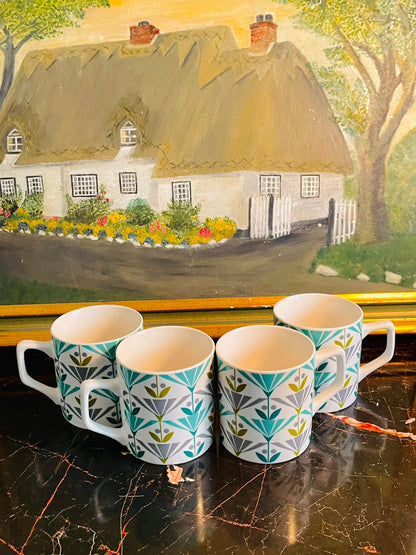 Ceramic Mugs, Home Box Mugs, Modern Mugs, Printed Mugs, Teacups, Coffee Mugs, Drinkware, Kitchen Essentials, Gift for Home, Set of 4 Mugs, Geometric Mug, Floral Mug