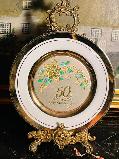 50th Anniversary Plate, Golden Anniversary Gift, Chokin Art Plate, Vintage Decorative Plate, Wedding Anniversary Decor, Floral Bell Plate, Porcelain Display Plate, Commemorative Keepsake, Vintage Home Decor, Milestone Celebration Gift