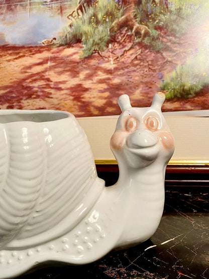 Vintage White Ceramic Snail Planter – Collectible Animal Shaped Pot (England)