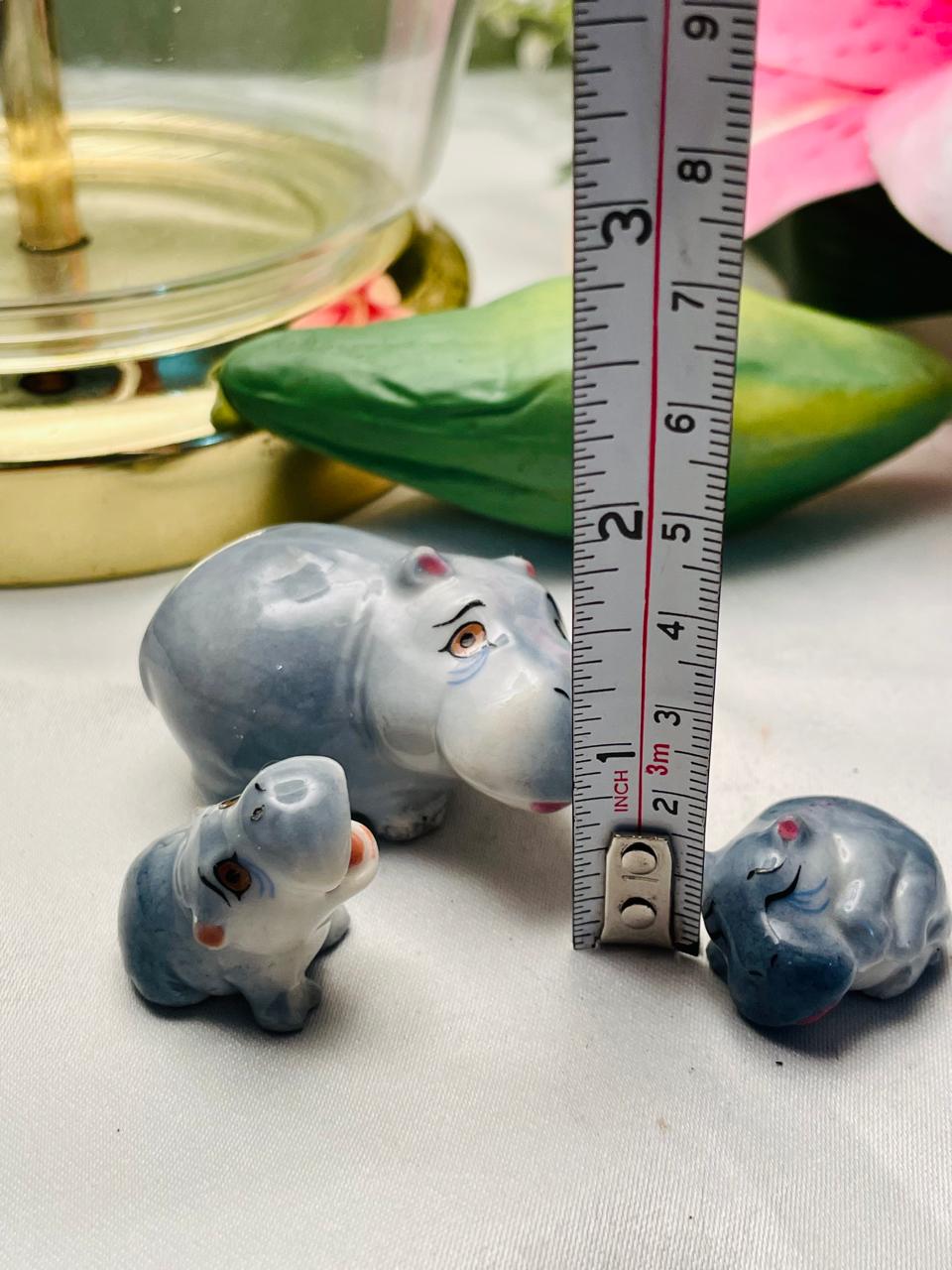 Vintage Ceramic Hippo Family Figurines – Set of 3, Grey Glazed Miniatures