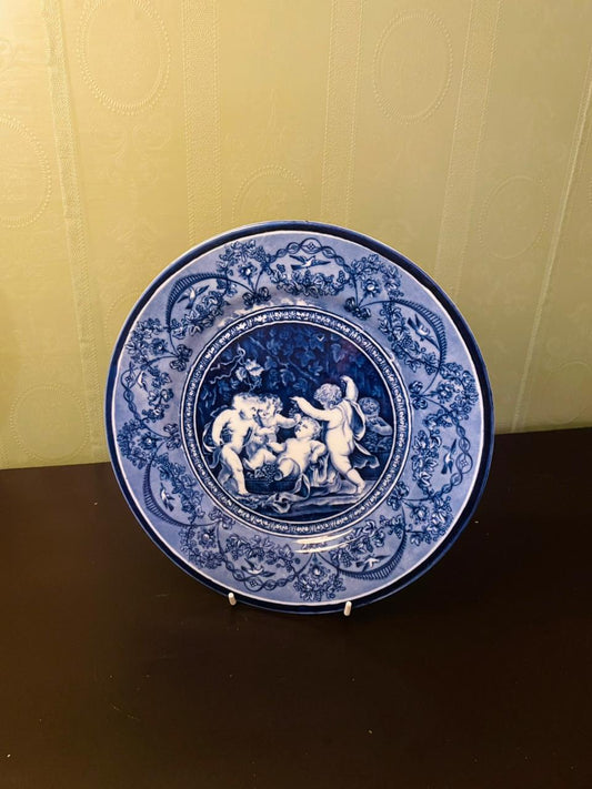Vintage Spanish Blue White Cherub Decorative Plate 10 Inch