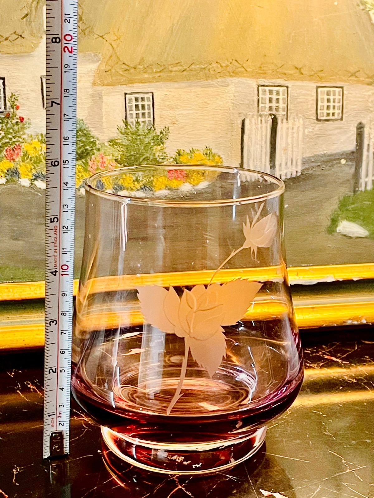 Elegant Purple Crystal Glass Vase with Etched Rose Design