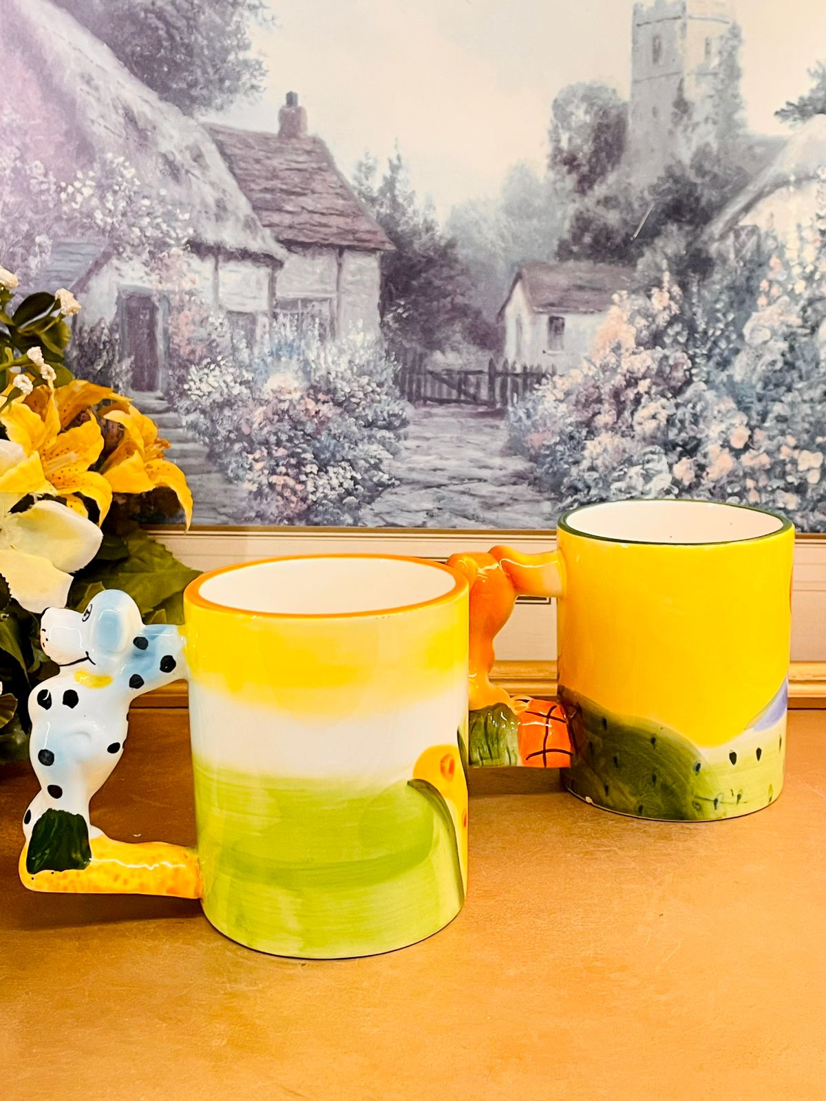 Vintage Hand-Painted Dog Handle Ceramic Mug Set
