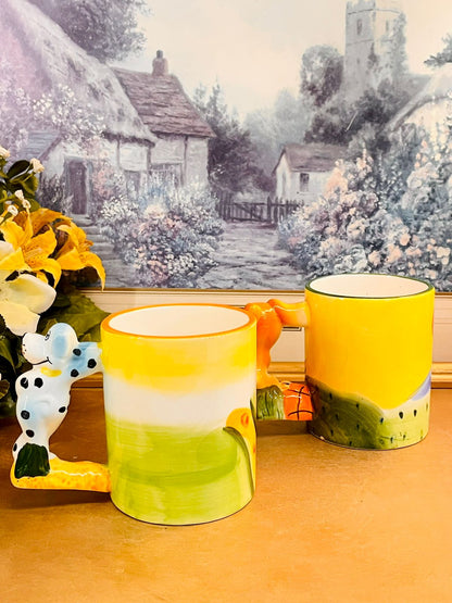 Vintage Hand-Painted Dog Handle Ceramic Mug Set