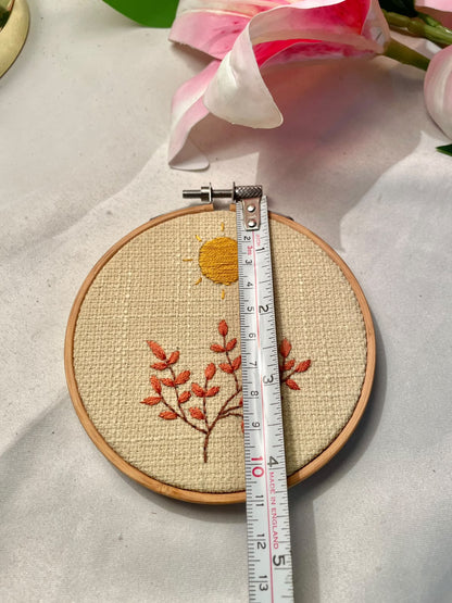 Hand Embroidered Sun & Botanical Hoop Wall Decor – 4 Inch