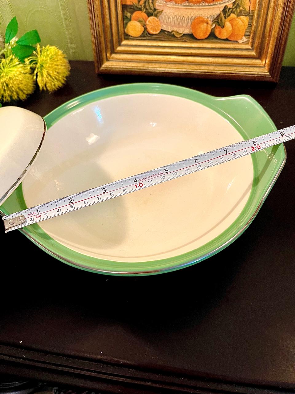 Vintage Covered Serving Dish with Lid Green Trim 22cm