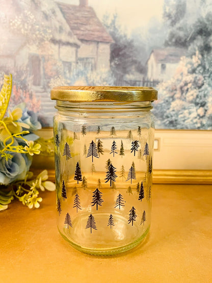 Tree Print Glass Storage Jar with Gold Lid Aesthetic Jar