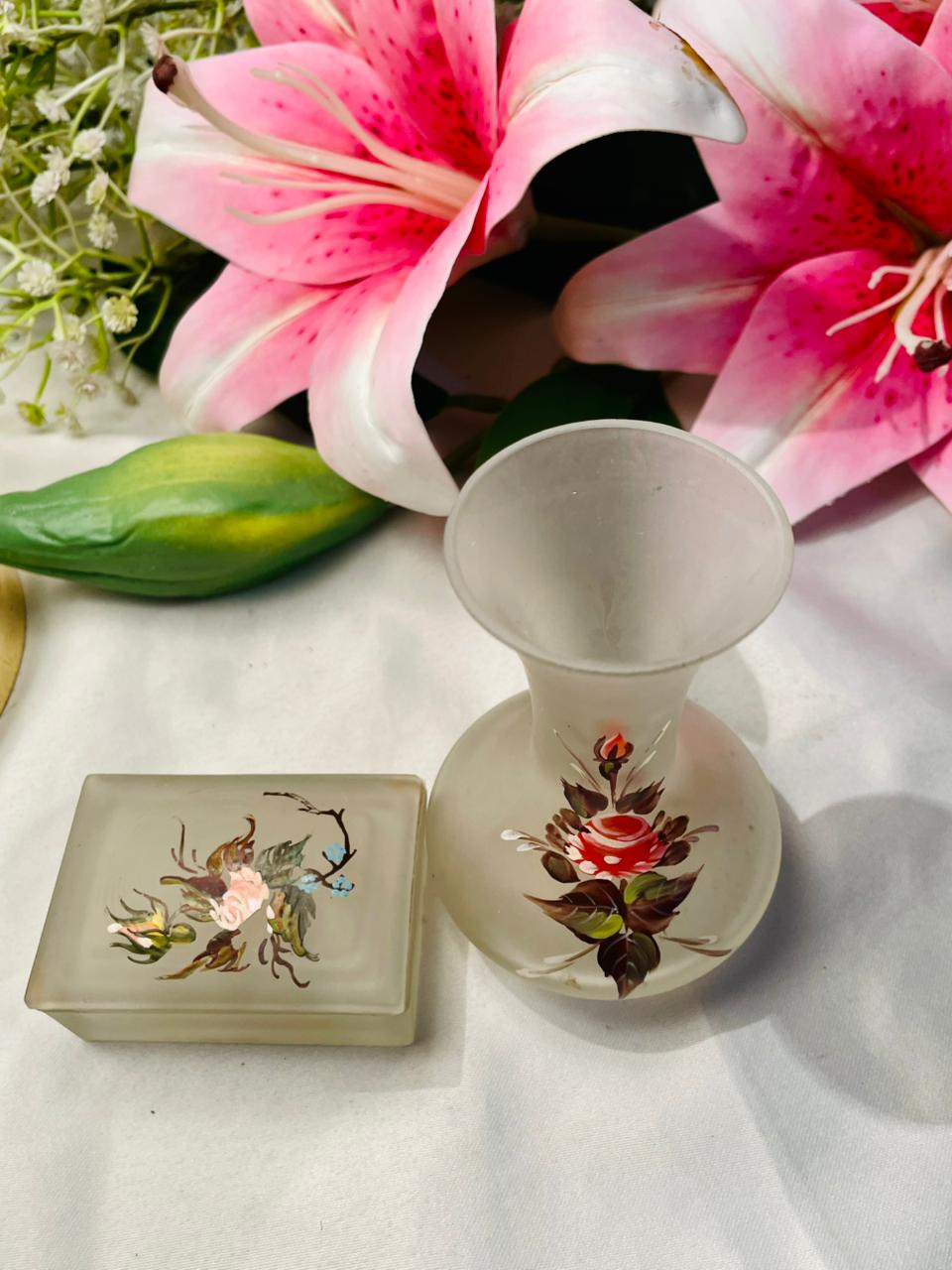 Vintage Crystal Floral Vase & Trinket Box 2-Piece Set