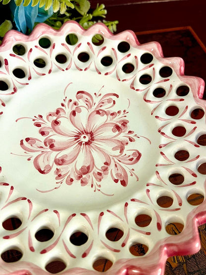 Vintage Pink Hand Painted Floral Pierced Ceramic Decor Plate 18 cm