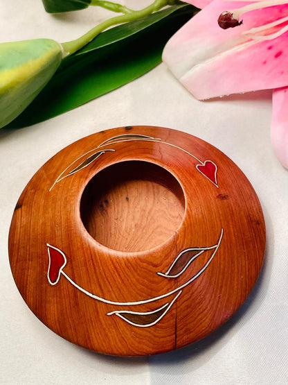 Decorative Wooden with Heart & Leaf Inlay Candle Holder 10 cm