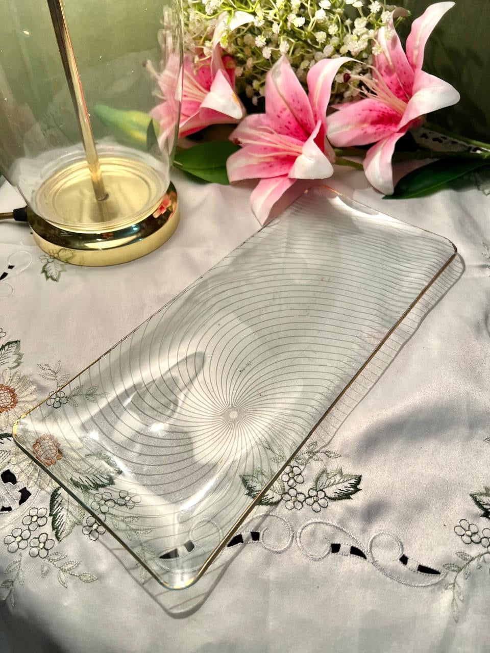 Clear Crystal Rectangular Serving Tray 13 in Etched Design
