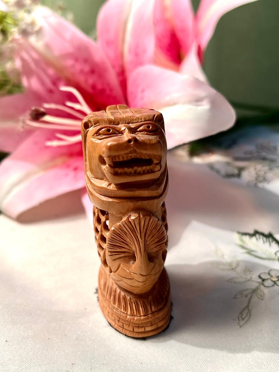 Vintage Hand-Carved Wooden Lion Figurine with Openwork Body Approx. 9 cm