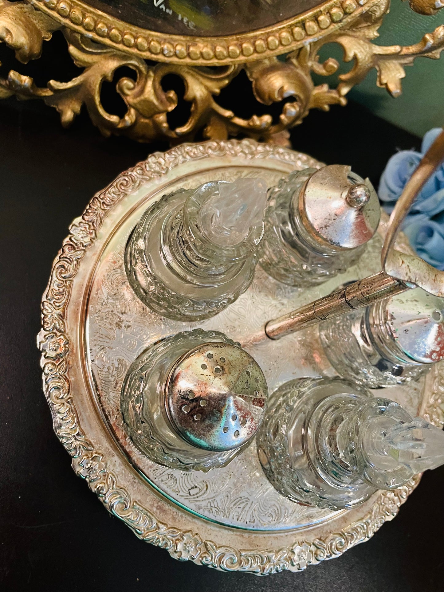 Vintage Crystal Cruet Set with Silver Tone Tray