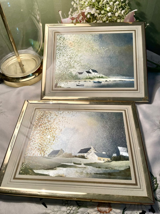 RARE FIND coordinated coastal landscape paintings depicting serene, rustic seaside villages Cottage Pair 10"