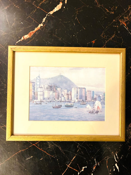 Vintage Framed Waterfront Painting  Scenic City Landscape