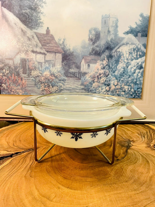 Vintage Pyrex Gaiety Casserole Dish with Stand Snowflake- Box Packed