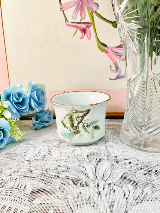 Vintage Botanical Porcelain Pot with Gold Rim