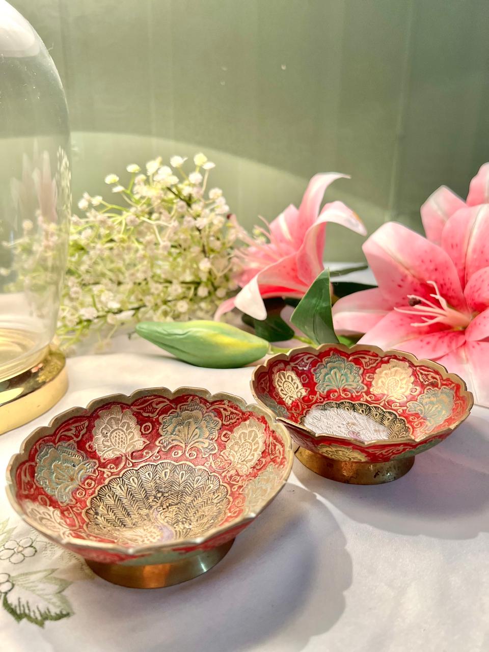 Red Peacock Brass Decorative Bowls – Set of 2, 4.5"