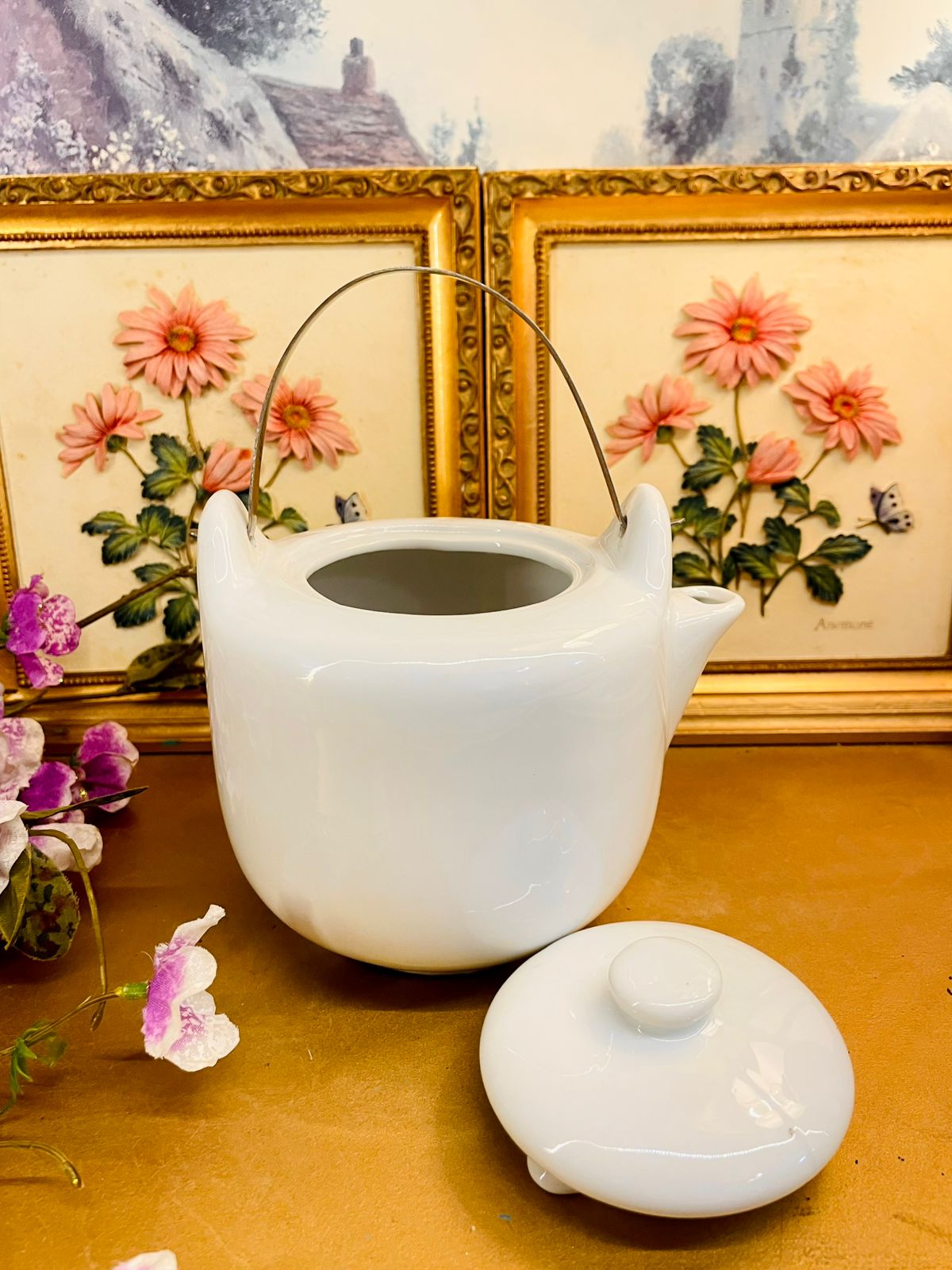 White Ceramic Teapot with Metal Handle