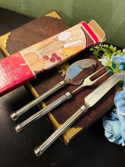 Vintage Silver Tone Cheese Knife Fork Spoon Set 7 Inch