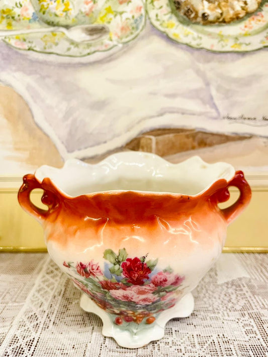 Vintage Floral Handled Ceramic Vase with Pedestal Base