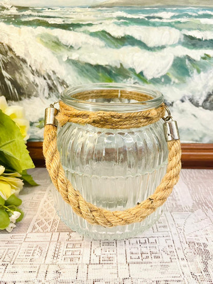 Ribbed Glass Lantern With Rope Handle