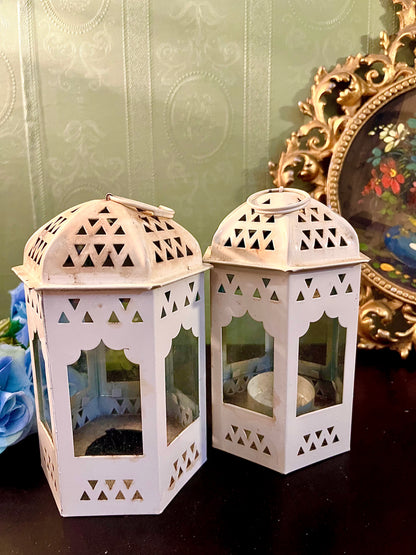 Pair of White Metal Moroccan Lantern Tealight Holders
