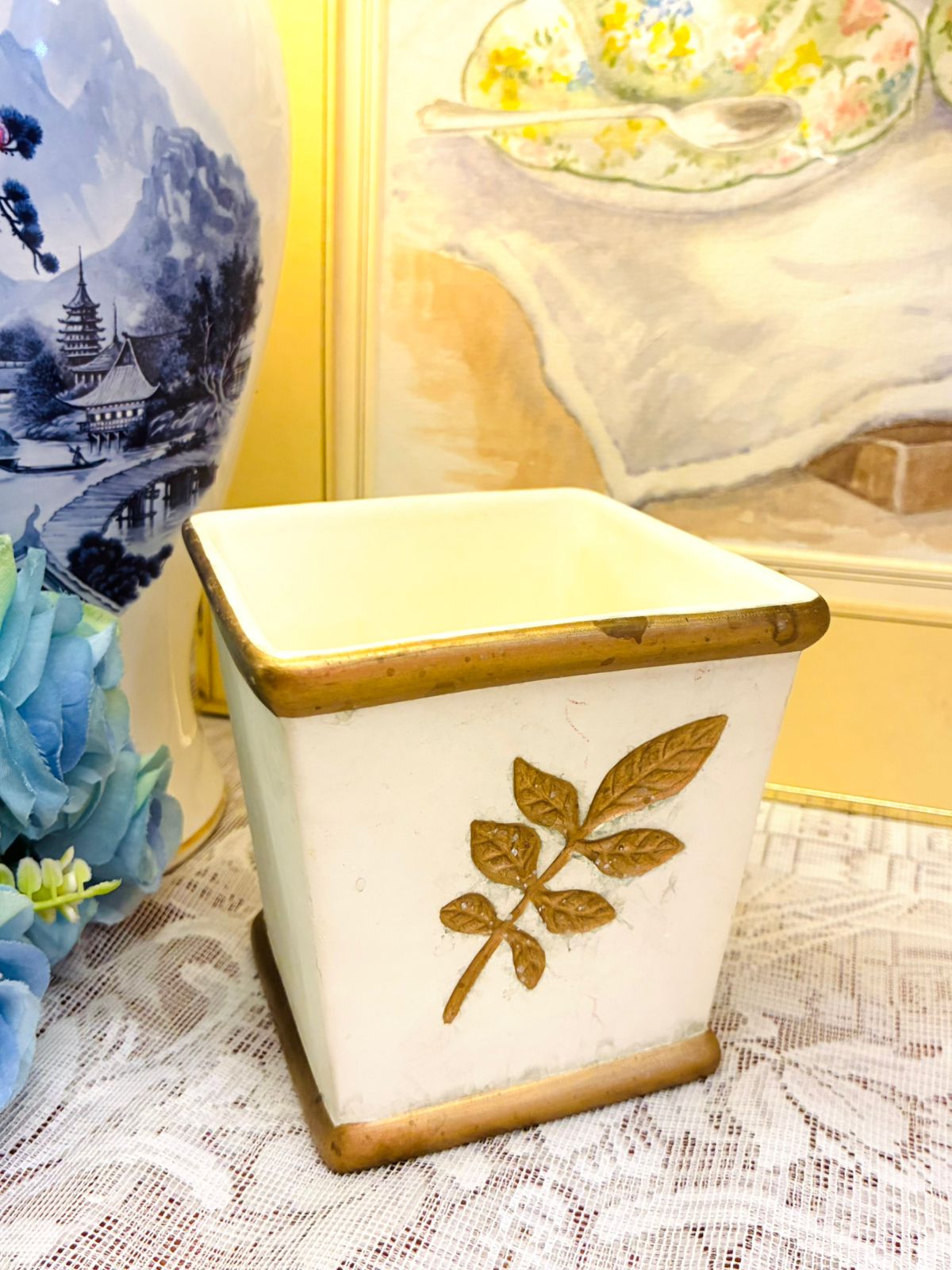Vintage Embossed Leaf Ceramic Planter - Handcrafted Square Pot