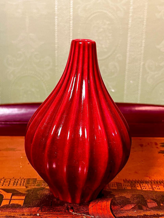 Vintage Ruby Red Art Glass Vase 5 Inch | Ribbed Decorative Bud Vase