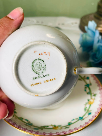 Sevres Border Floral Gold-Trim Cup & Saucer 2-Piece Set