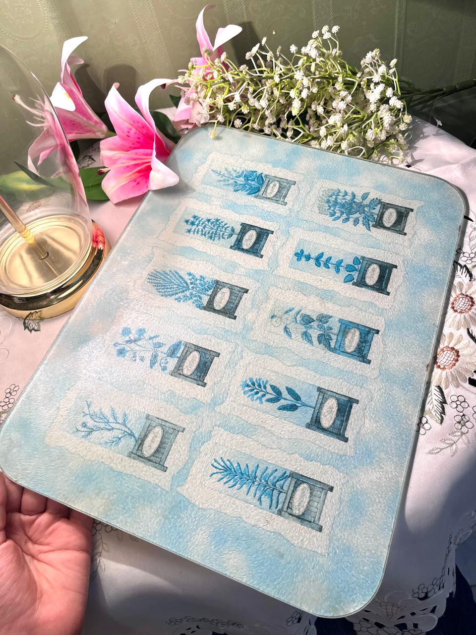 Blue Botanical Rectangular Cutting Board 16 Inch