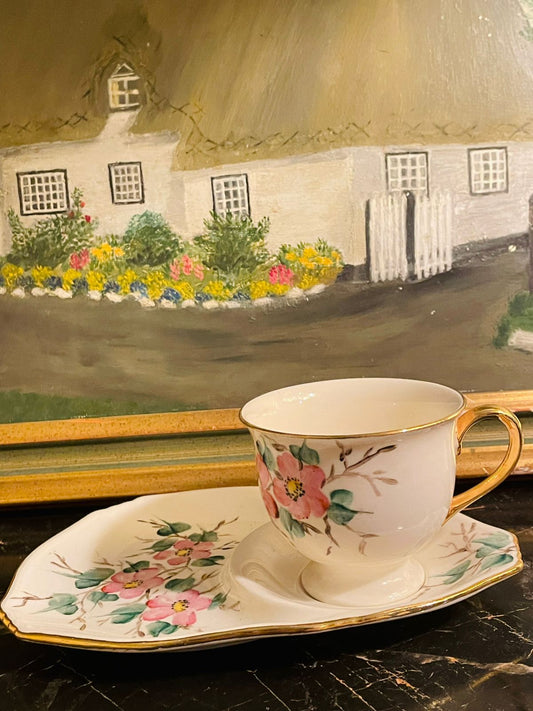 Royal Vale Vintage Footed Tea Cup and Plate – Floral Motif Bone China England