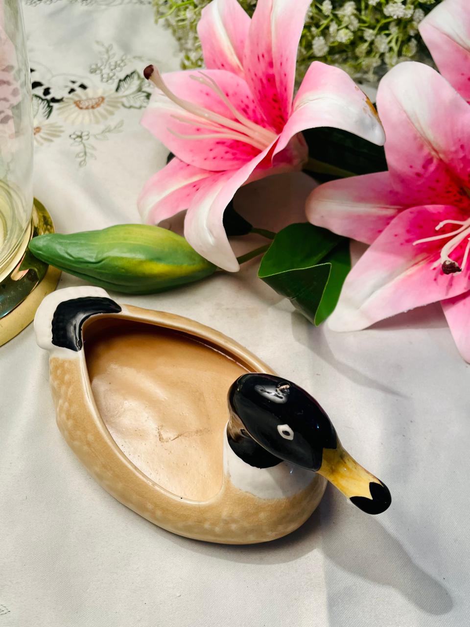 Vintage Portugal Ceramic Duck Planter / Trinket Dish 16 cm