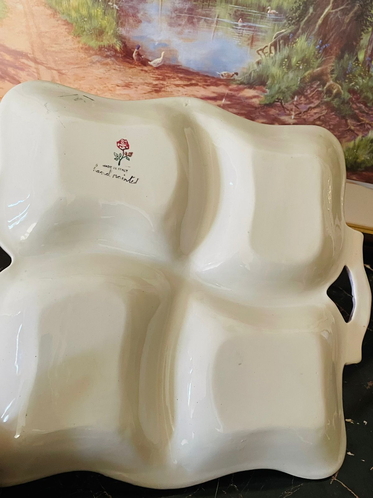 Vintage Hand-Painted Italian Extra Large Ceramic Serving Tray – 4-Sided Floral Dish, Made in Italy