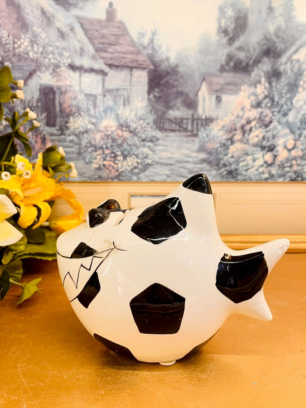 Vintage Ceramic Dog Money Box Black & White Coin Bank