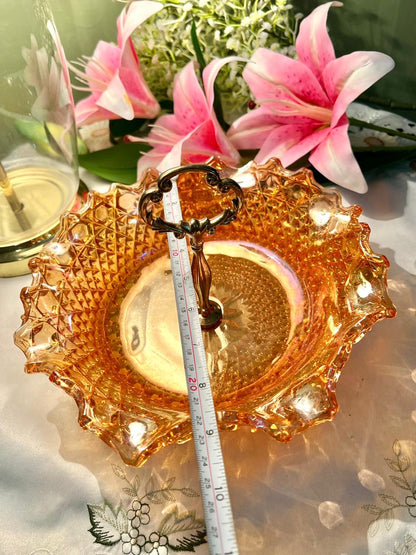 Vintage Amber Pressed Glass Serving Bowl with Metal Handle – Scalloped Rim, Approx. 24 cm
