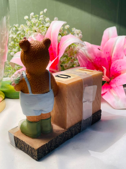 Bear Figurine Perpetual Wooden Block Calendar with Flowers Approx. 13 cm