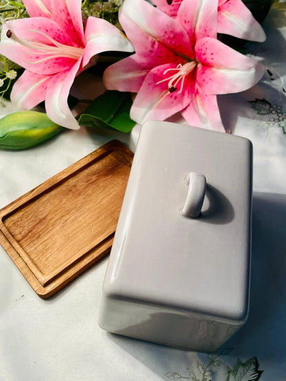 White Ceramic Butter Dish with Wooden Base 6 in